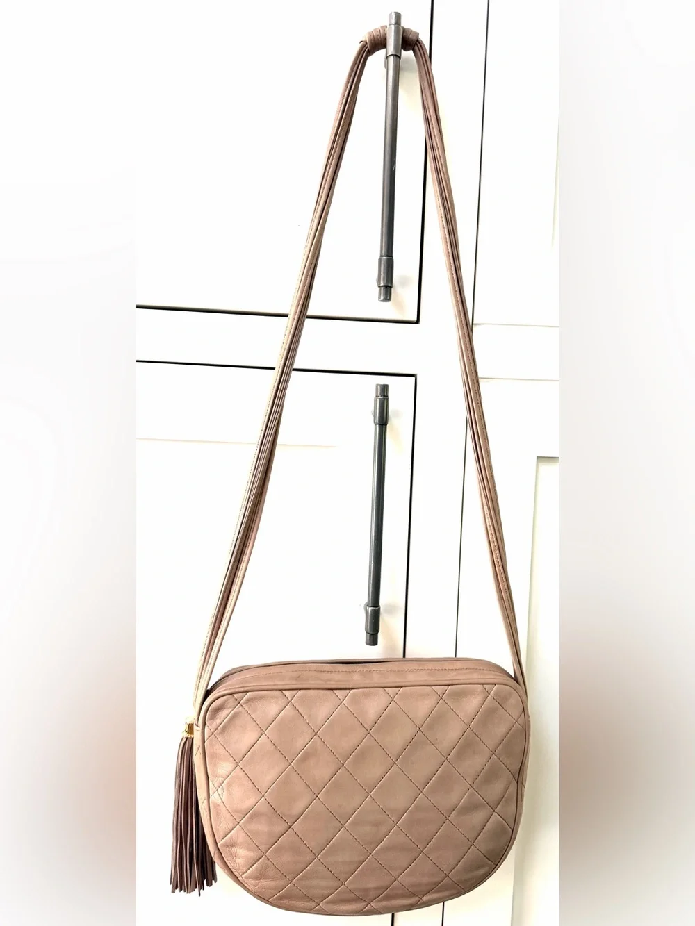 CHANEL Vintage Quilted Lambskin Camera Bag Taupe Tassel COA